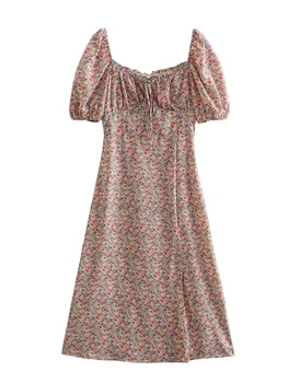 YENKEY Новое женское Винтажное платье с цветочным принтом во французском стиле, короткий рукав, разрезы на подоле, Женские летние платья Миди Vestidos