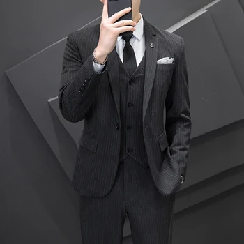 Новинка (блейзер + жилет + брюки), мужская деловая модная профессиональная официальная одежда в полоску, Корейская версия, приталенное платье для шафера из 3 предметов