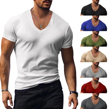 мужская футболка, мужская повседневная футболка с V-образным вырезом, однотонные тонкие футболки с коротким рукавом, топы большого размера, мужская одежда, крутые топы, майка