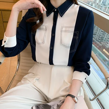 Летняя рубашка, Женская блузка с длинным рукавом, Новый Модный Шифоновый Свободный топ, женская одежда сращивания 