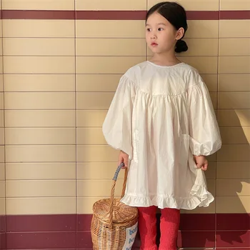 deer jonmi 2023, Весенние платья принцессы с оборками и пышными рукавами для маленьких девочек, Однотонное Детское платье в корейском стиле