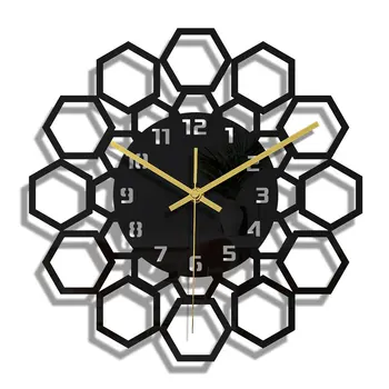 3D Трехмерное черное Шестиугольное акриловое зеркало, цифровые настенные часы, украшение дома, Бесшумные настенные часы