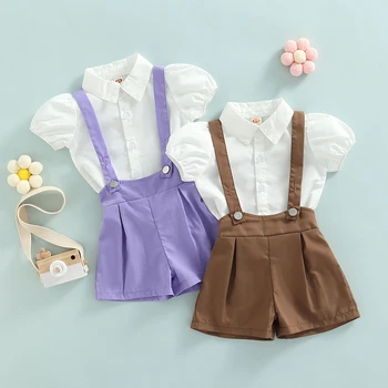 Модные комплекты одежды для девочек FOCUSNORM от 1 до 5 лет, однобортные рубашки с пышными рукавами и шорты на подтяжках на лето
