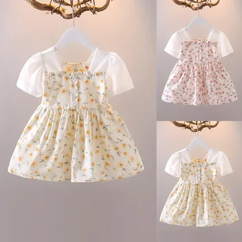 Тонкое летнее Модное буколическое платье принцессы трапециевидной формы с короткими рукавами для девочек, сарафан для девочек
