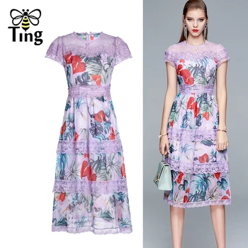 Tingfly, Винтажное Элегантное Кружевное платье Миди в стиле пэчворк с цветочным рисунком, Летние Платья трапециевидной формы с коротким рукавом, Vestidos Plus Size ZA