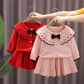 Вязаный свитер для девочек, кардиган из двух частей, костюм qiu dong han, выпуск 2023, юбки для девочек, комбинация