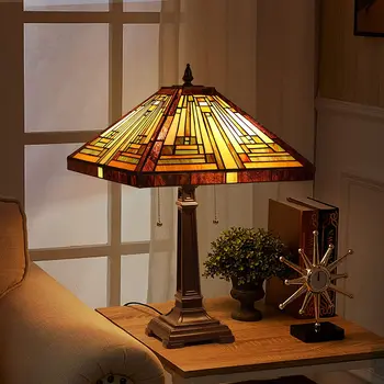 Настольная лампа Tiffany с витражным стеклом Mission Style, настольная лампа для чтения с 2 лампами, декор для спальни, гостиной, кабинета, домашнего офиса