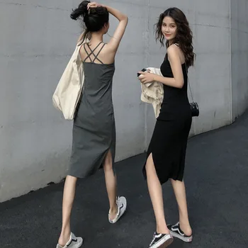 Платье на подтяжках средней и длинной длины, которое можно носить на улице летом 2023 года, Новое женское платье с разрезом, Тонкое, с нижней юбкой