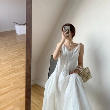 Белое Длинное Платье Женское Корейское Свободное Пляжное Платье На Подтяжках Femme Летняя Мода V Образный Вырез Отпускное Vestidos De Verano Mujer 2022
