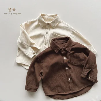 Детская блузка для мальчиков, куртка, верхняя одежда 2023, бежевые весенне-осенние рубашки, Хлопковый подарок, детская одежда больших размеров