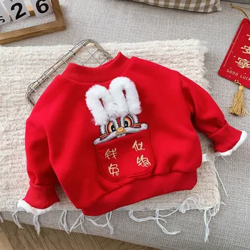 Топы для маленьких девочек на китайский Новый год красного цвета с животным принтом Плюс бархатная теплая зимняя детская одежда Толстовка для мальчиков