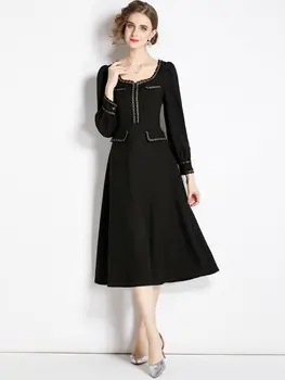 Роскошное Черное женское винтажное платье с длинным пышным рукавом и квадратным воротником, с бахромой, с высокой талией, трапециевидной формы, длиной до середины икры, Vestido
