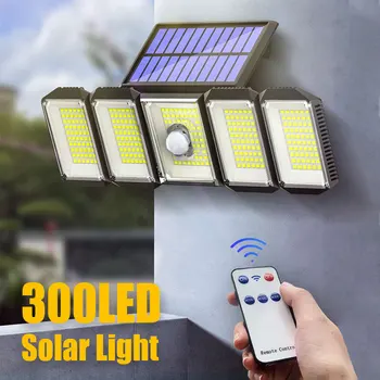 5 Головок 300 светодиодных солнечных ламп Наружный датчик движения Водонепроницаемая широкоугольная подсветка Foco Solar LED Садовый уличный настенный светильник