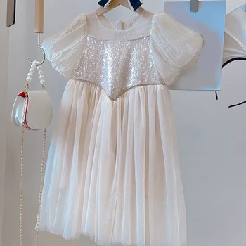 2023 Новое летнее платье принцессы с пышными сетчатыми рукавами в стиле пэчворк для девочки, украшенное блестками, Детская одежда, Детское платье