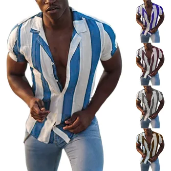 Летняя рубашка в полоску, стильный мужской кардиган с коротким рукавом и воротником-стойкой, уличные повседневные рубашки Blusa рубашка chemise homme