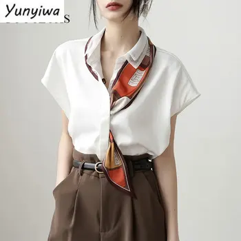 Основы моды Двухслойный шейный элегантный шелковый шарф, женская белая рубашка, летняя блузка с рукавами на пуговицах 2022