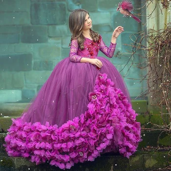 Фиолетовые модные платья в цветочек для девочек с длинными рукавами, платья на день рождения, свадебные платья, костюмы, фотосъемка по индивидуальному заказу, прямая доставка