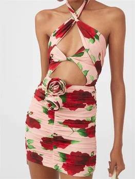 Короткое мини-платье с 3D цветочным принтом в стиле пэчворк для женщин, платье с открытыми плечами и открытой спиной, приталенное платье Vestidos