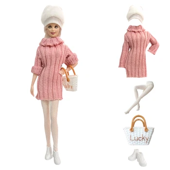 Официальный NK, 1 комплект, Розовый Вязаный свитер из чистого хлопка, Модное платье, Обувь, Сумка, Обувь, Носок, Одежда для куклы Барби, Аксессуары