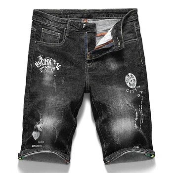 Мужские черные джинсовые шорты 2023, лето, Новый стиль, модные повседневные джинсы-стрейч с 3D-принтом, мужская брендовая одежда