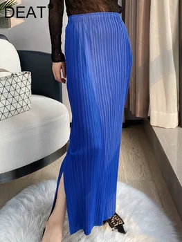 Модная женская плиссированная юбка Макси синего цвета с разрезом по бокам, Высокая эластичная талия, Повседневный стиль, бедра 2023, Новая осенняя мода 15JK249