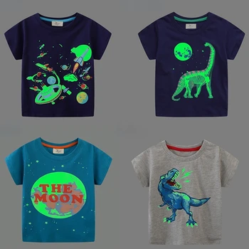 Летняя Новая модная детская светящаяся футболка с динозаврами и акулой с героями мультфильмов, Рубашка для мальчиков, Джемпер, детская одежда, топы с ночным свечением