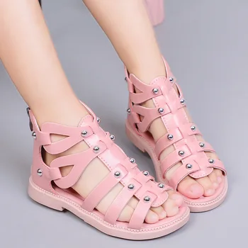Летние Римские сандалии, Сапоги-гладиаторы для девочек, модные вечерние туфли принцессы с узкой лентой, Пляжная обувь для девочек с открытым носком, CSH1514