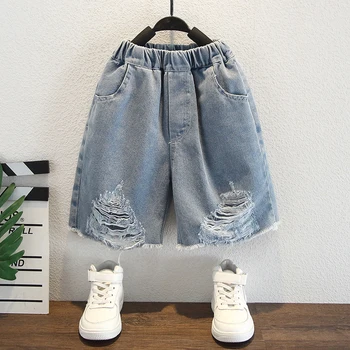 Джинсы для девочек, короткие джинсы с большими дырками, повседневный стиль, летние джинсы для малышей, детская одежда