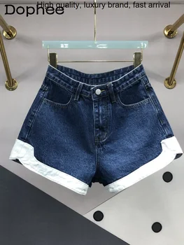 Универсальные летние джинсы 2023 года из синего денима с высокой талией, корейского контрастного цвета, трапециевидные широкие шорты, джинсовые горячие брюки