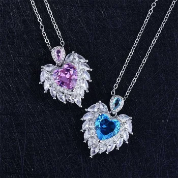 Классическое ожерелье с крыльями Ангела цвета морской волны и сердцем, индивидуальный дизайн, модная цепочка на ключицу с фиолетовым сердцем, подарок для вечеринки