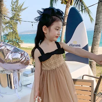 Летнее платье с сетчатыми ремешками для девочек 2023, новое модное детское платье с бантом, детское платье принцессы, летнее платье