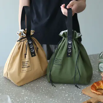 Портативная холщовая сумка для бенто Ins с простым буквенным принтом, изоляционные сумки на шнурке для девочек, повседневная уличная сумка-тоут для ланча