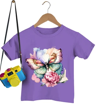 Забавная Детская одежда с Бабочками, Акварельные Футболки с животными Для девочек, Летняя Винтажная футболка С цветочным рисунком, Модный Топ С круглым вырезом Y2k, Повседневная футболка