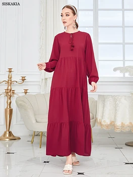 Siskakia, короткое однотонное длинное платье в этническом стиле для женщин, с круглым вырезом и длинным рукавом, с кисточками и завязками, арабские платья в стиле ампир, свободные повседневные