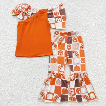 Весенне-летняя одежда для девочек, топы на одно плечо, Оранжевые расклешенные брюки с принтом, повязка на голову, комплекты из 3 предметов, детская одежда Оптом