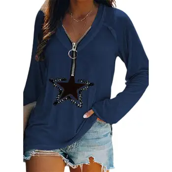 Женская футболка с принтом пятиконечной звезды, глубокий V-образный вырез, осень-зима, свободная верхняя рубашка на молнии с длинным рукавом, уличная женская одежда