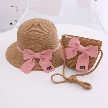 Летняя кепка для девочек с сумкой через плечо Розово-желтым бантом для защиты от солнца на открытом воздухе, Пляжная Соломенная шляпа, Детские Панамы для детей