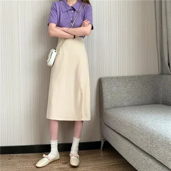 Черная юбка с разрезом средней длины для женщин осенью и летом, новая корейская версия юбки с высокой талией для девочек-школьных учителей