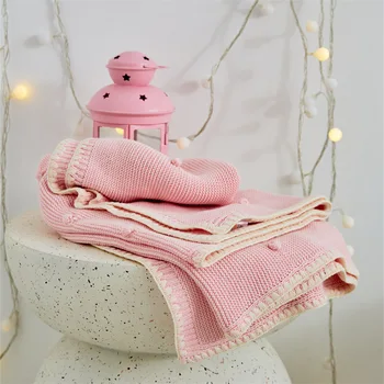 Обертывание новорожденного Вязаное детское одеяло из однотонного муслина с помпонами, Приемное одеяло, Пеленание младенца, Стеганые одеяла, чехол