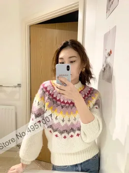 Женский Контрастный жаккардовый вязаный свитер с круглым вырезом и длинными рукавами из смеси мохера, пуловер, джемпер-топ