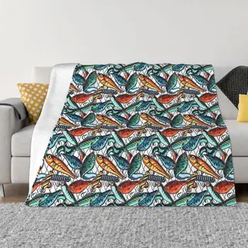 Фланелевое одеяло с рисунком океана, рыболовная приманка и сачок для ловли рыбы, уютное покрывало из мягкого флиса на кровать