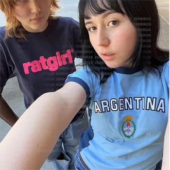 Готическая спортивная футболка для отдыха с вышитыми буквами в стиле панк Y2K, летний топ изысканного кроя, женская уличная футболка с тремя звездами, аргентинская футболка