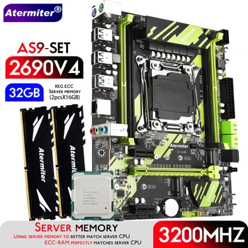 Материнская плата Atermiter X99 AS9 в комплекте с процессором Xeon E5 2690 V4 CPU LGA2011-3 DDR4 32 ГБ (2X16 ГБ) оперативной памяти 3200 МГц REG ECC