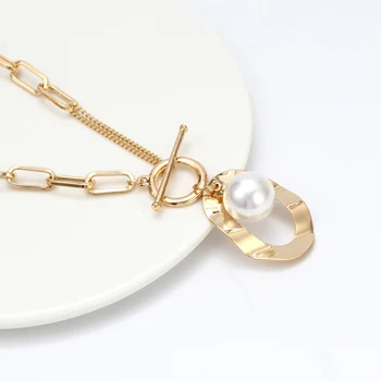 Женское ожерелье Hyperbole, модные украшения, Толстая цепочка золотого цвета, Геометрическое ожерелье с подвеской, Элегантное жемчужное ожерелье, 1 шт.