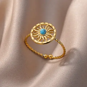 Эстетичные Солнечные кольца для женщин из нержавеющей стали Золотого цвета, регулируемое кольцо, обручальные кольца для пары, модные ювелирные изделия 2023 года, bague femme