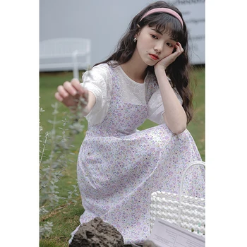 Лето 2023, Маленькое хлопчатобумажное платье на бретельках из чистого свежего лавандового цвета, Нежное детское платье в мелкий сломанный цветок.