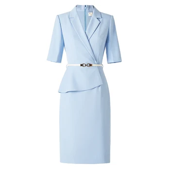 Голубое платье женская весна и лето темперамент с короткими рукавами блейзер модные платья