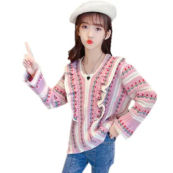 Новые весенне-осенние вязаные пуловеры для маленьких девочек, свитера с оборками в подростковом стиле в стиле ретро, винтажные детские свитера с милым принтом