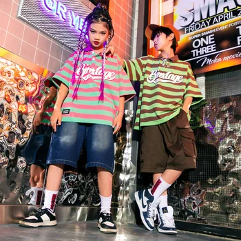 Детская одежда в стиле хип-хоп, камуфляжные футболки в полоску оверсайз, топы, Повседневная уличная одежда, шорты-карго для девочек и мальчиков, танцевальная костюмированная одежда
