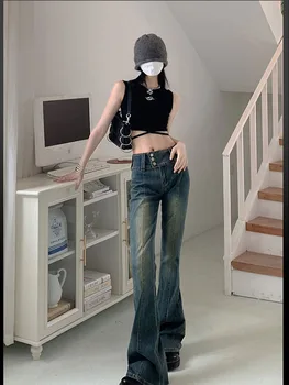 Модные джинсы в стиле ретро spicy girl на двух пуговицах с микроспицами, женские прямые джинсы-скинни в американском стиле с высокой талией